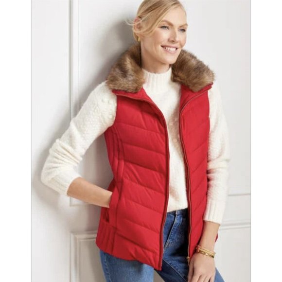 Talbots Puffer Vest Down Detachable Faux Fur Collar Sz Medium Petite - Picture 2 of 7